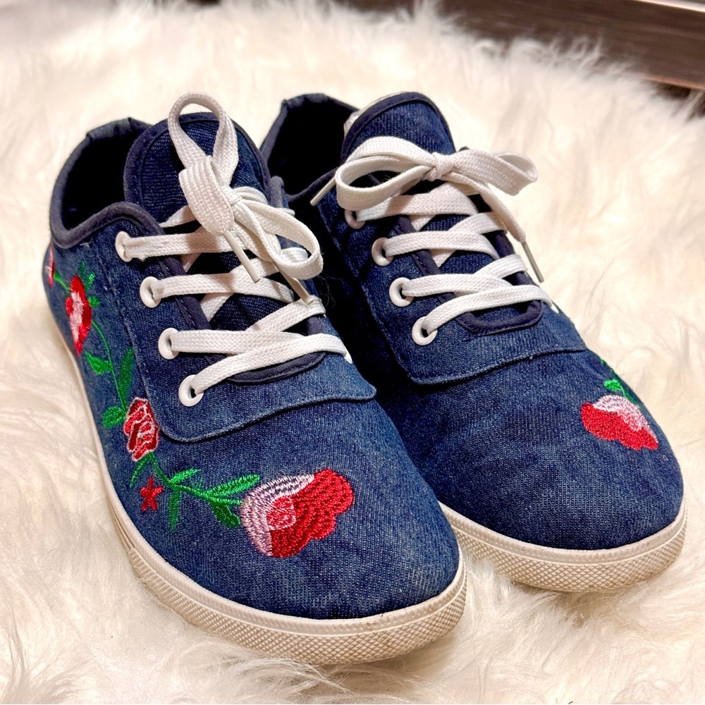 Floral Embroidered Denim Sneakers